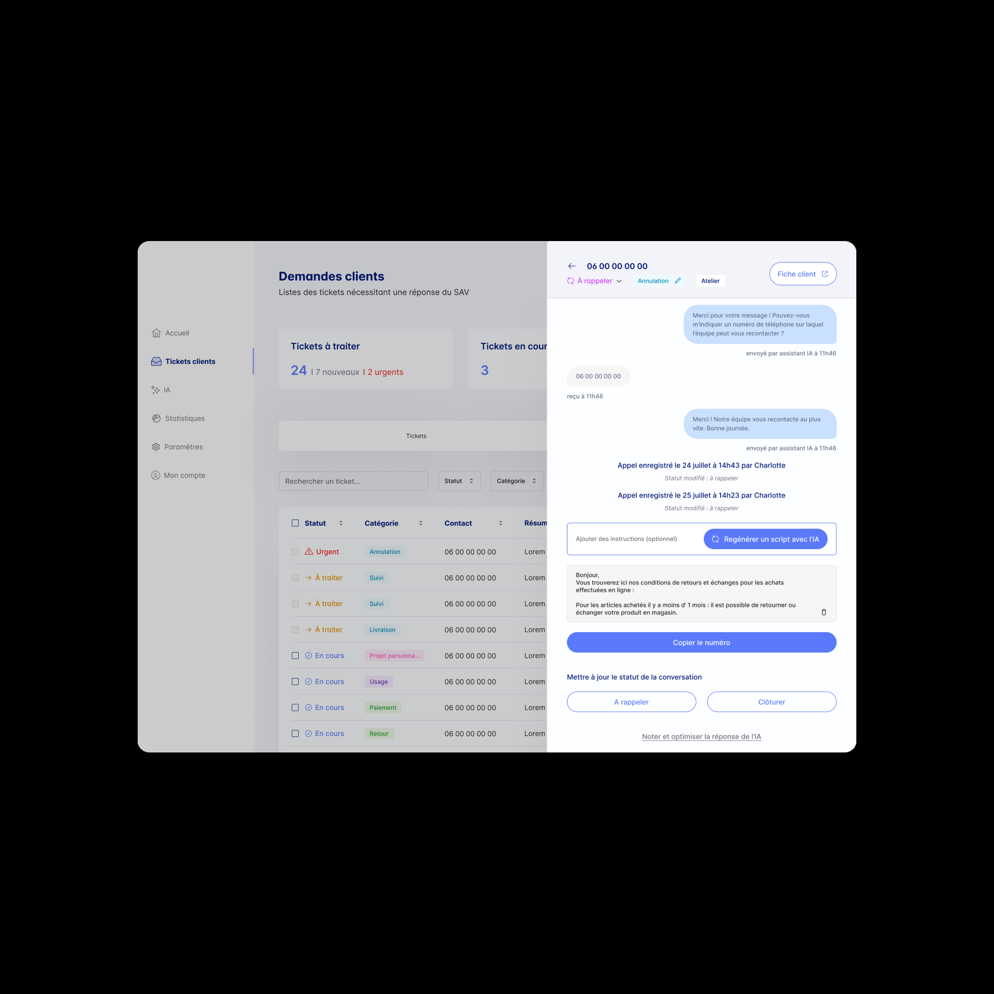 Back-office de support client avec assistant IA : liste des tickets à traiter et conversation ouverte, avec le script de réponse proposé par l'IA et les boutons de validation.