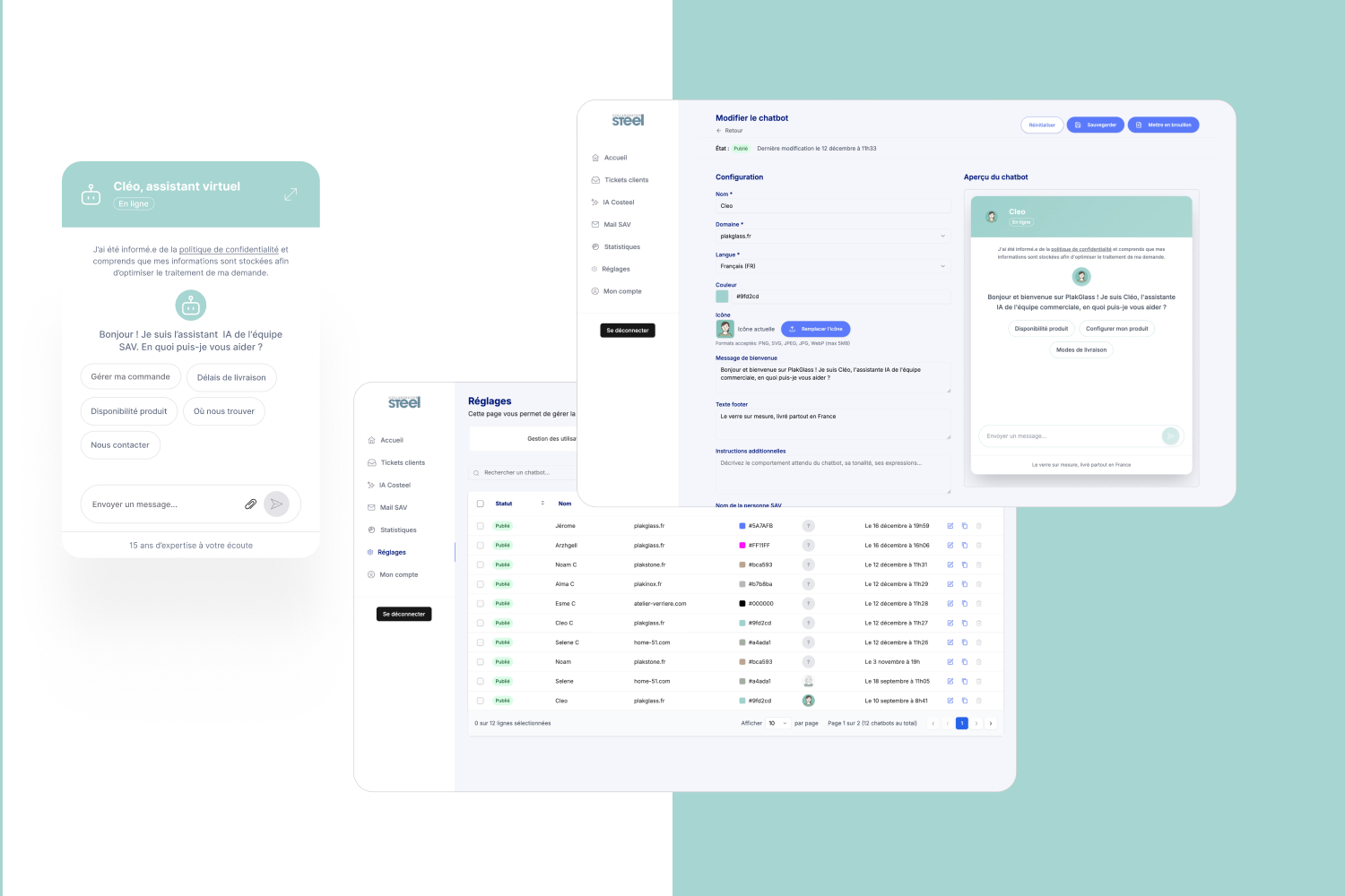 Les réglages de Cléo dans le dashboard : message d’accueil, instructions et aperçu du chatbot